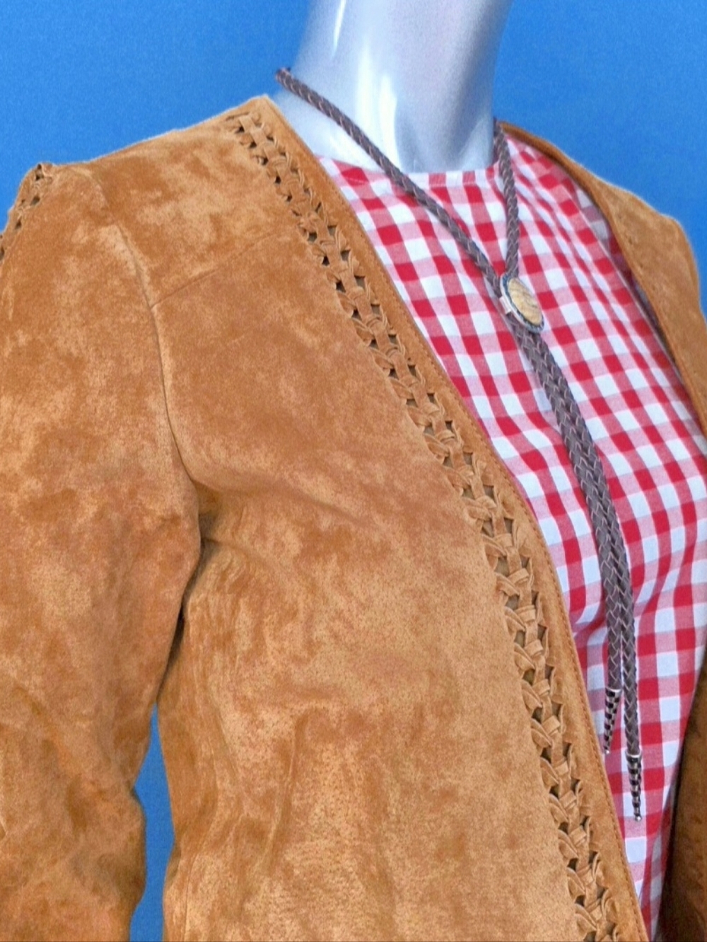 🆕️🤠🐎MANGO Genuine Leather Trena Suede Jacket Collarless w/ Suede Braiding NWT - Picture 9 of 16
